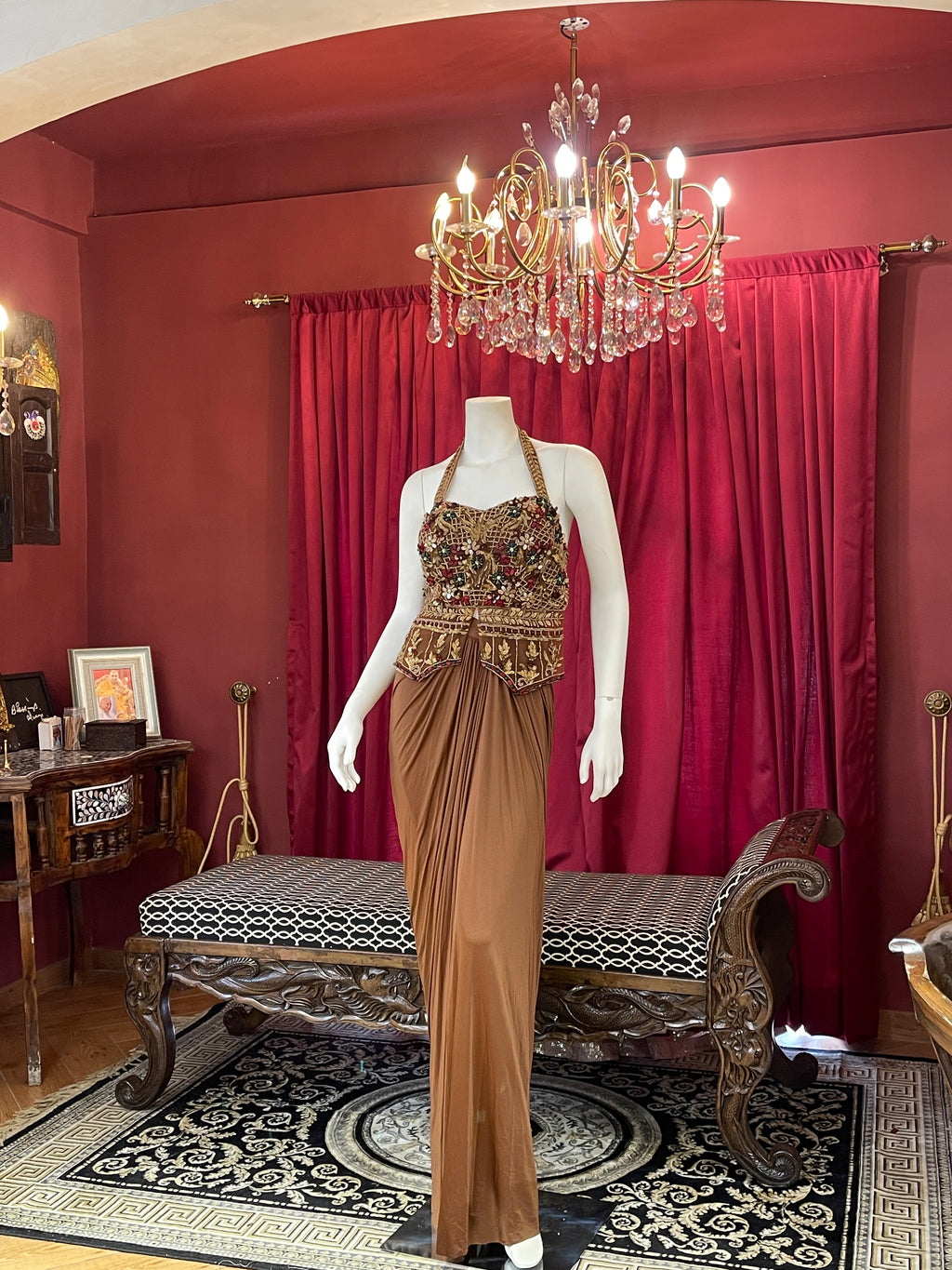 Chestnut Brown Pre-Draped Skirt Set with Heavily Embroidered Halter Blouse