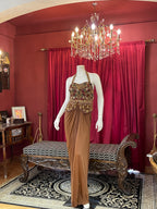 Chestnut Brown Pre-Draped Skirt Set with Heavily Embroidered Halter Blouse