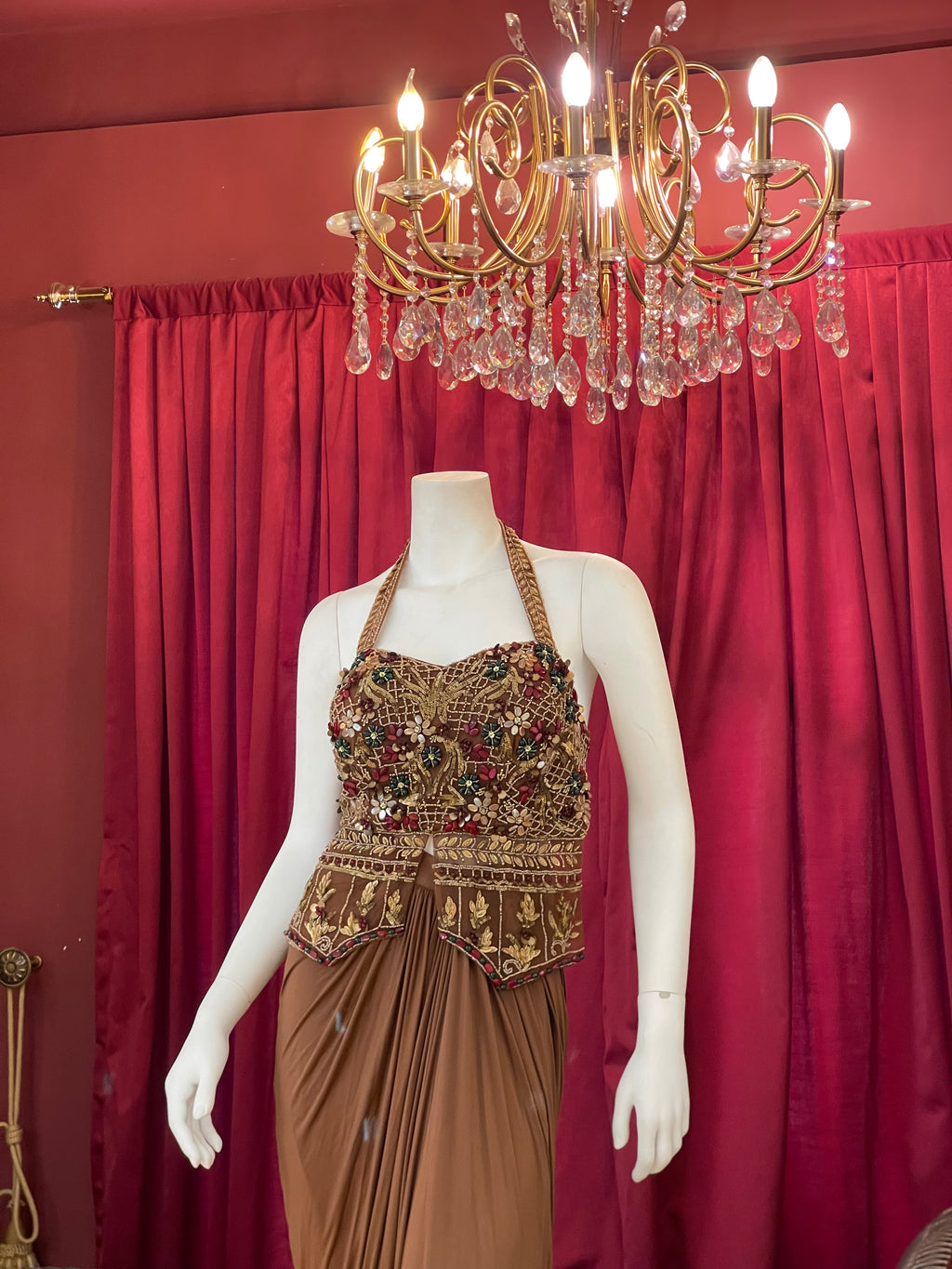 Chestnut Brown Pre-Draped Skirt Set with Heavily Embroidered Halter Blouse