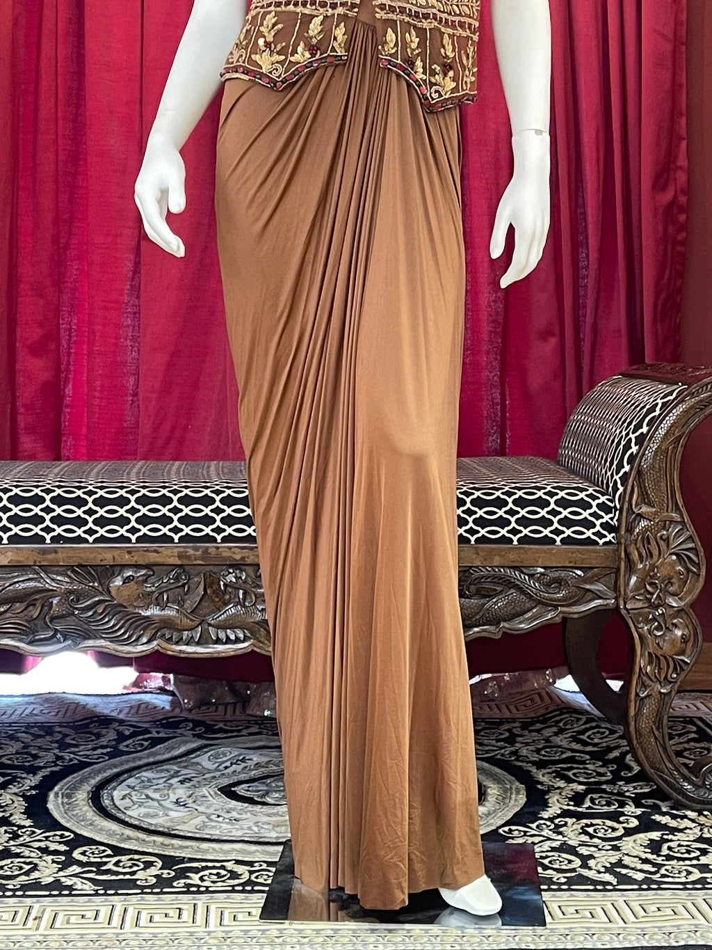Chestnut Brown Pre-Draped Skirt Set with Heavily Embroidered Halter Blouse