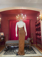 Chestnut Brown Pre-Draped Skirt Set with Heavily Embroidered Halter Blouse