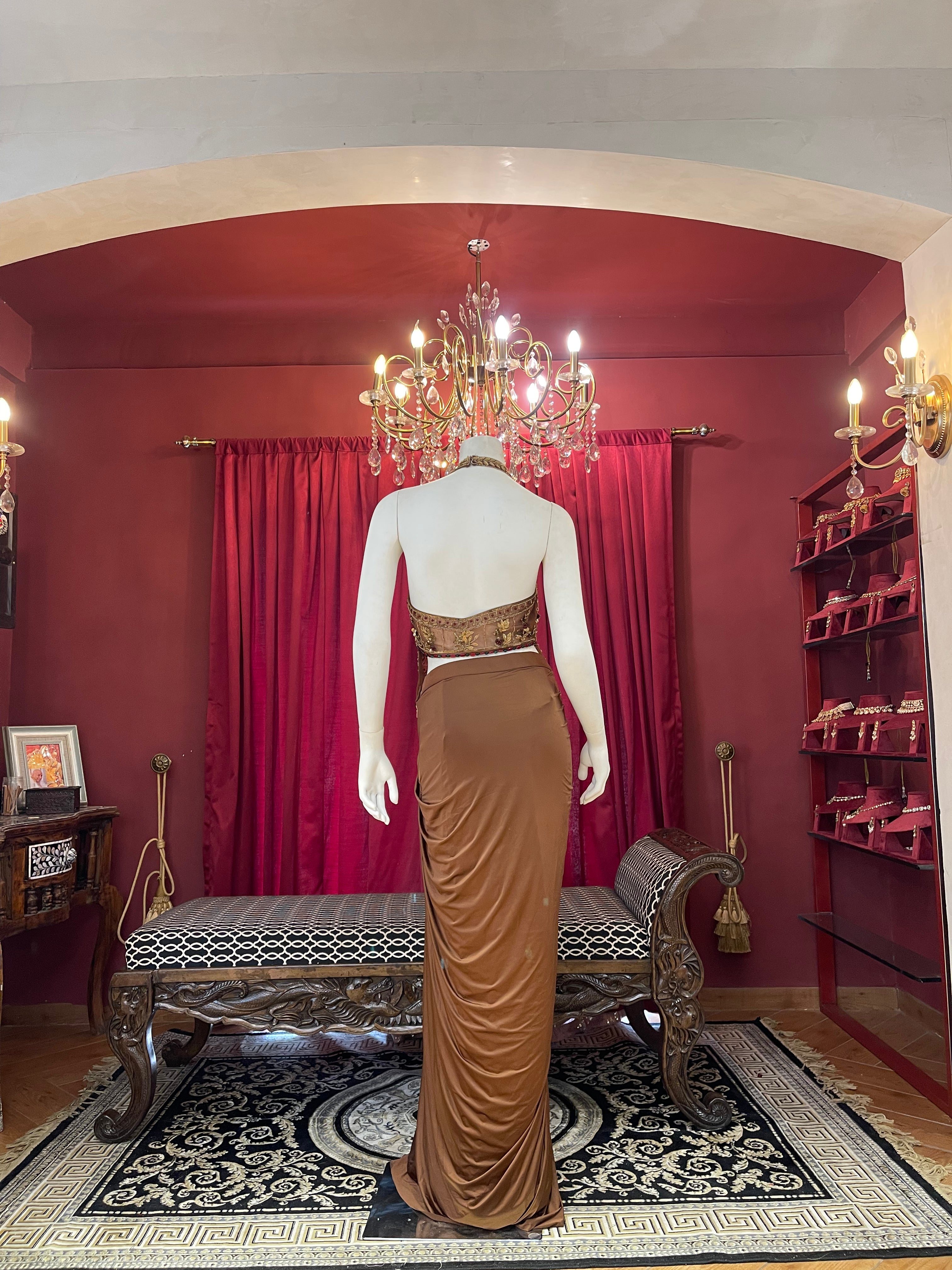Chestnut Brown Pre-Draped Skirt Set with Heavily Embroidered Halter Blouse