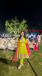 Yellow Festive Kurta set with Pink Dupatta X Orepiya