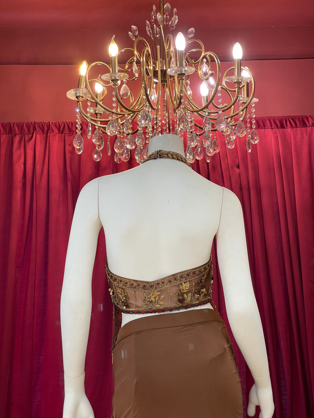 Chestnut Brown Pre-Draped Skirt Set with Heavily Embroidered Halter Blouse