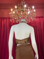 Chestnut Brown Pre-Draped Skirt Set with Heavily Embroidered Halter Blouse