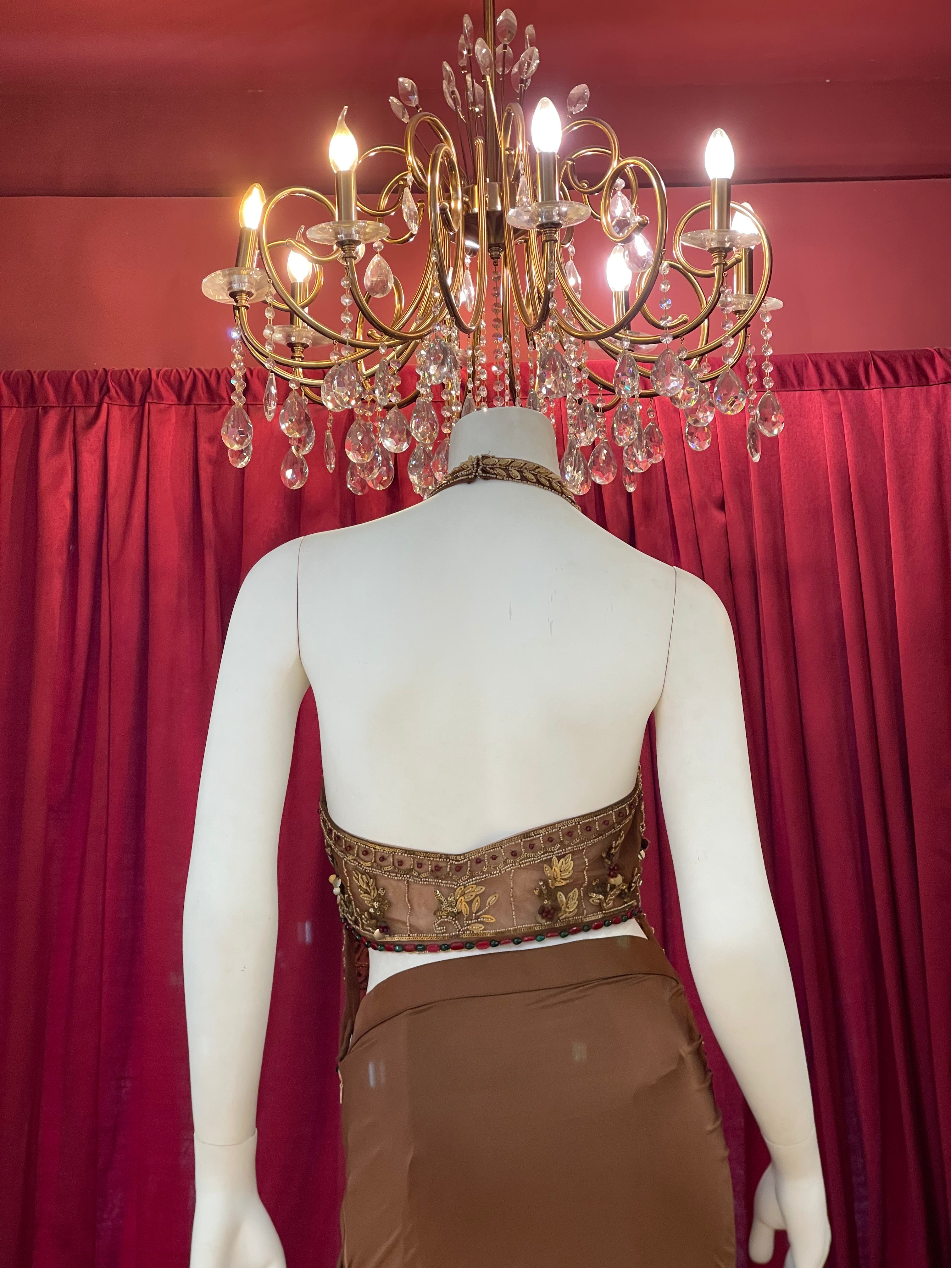 Chestnut Brown Pre-Draped Skirt Set with Heavily Embroidered Halter Blouse