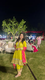 Yellow Festive Kurta set with Pink Dupatta X Orepiya