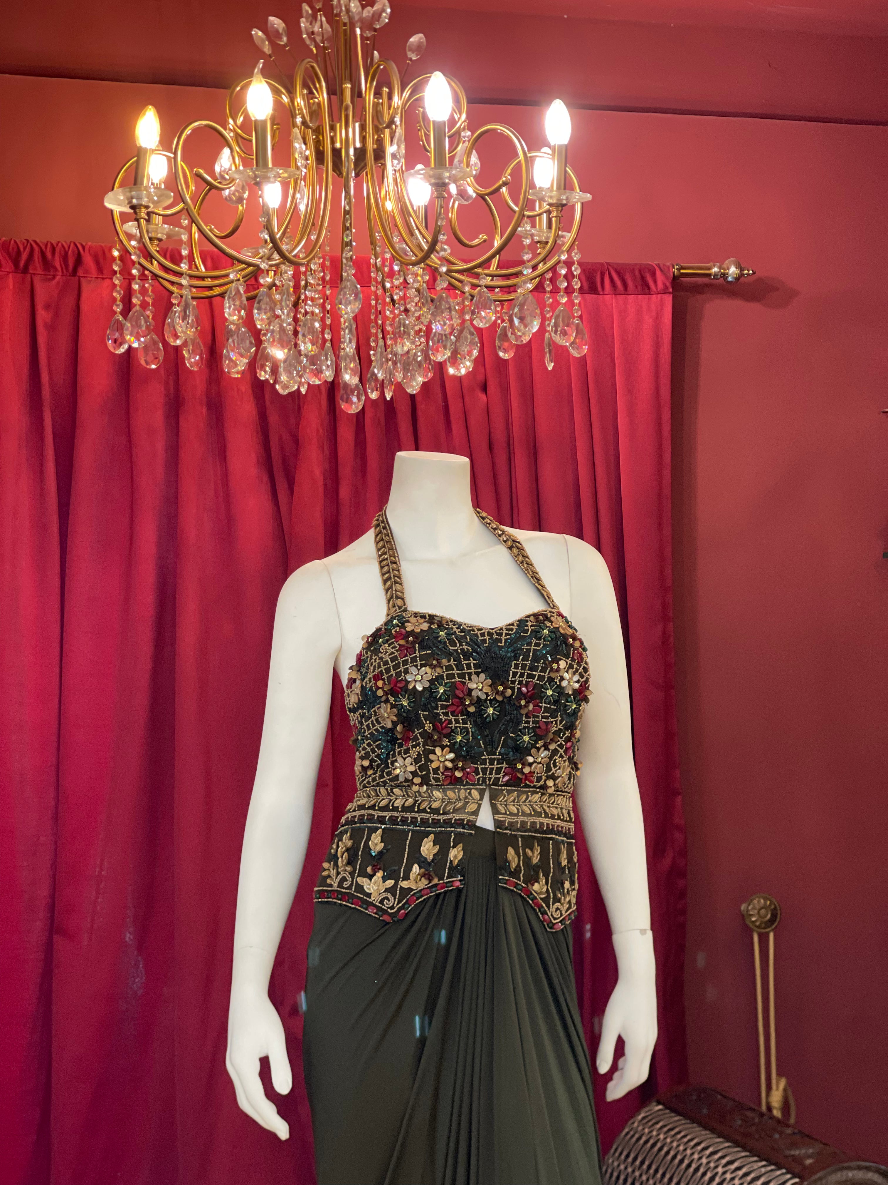 Olive Green Pre-Draped Skirt Set with Hand-Embroidered Halter Blouse