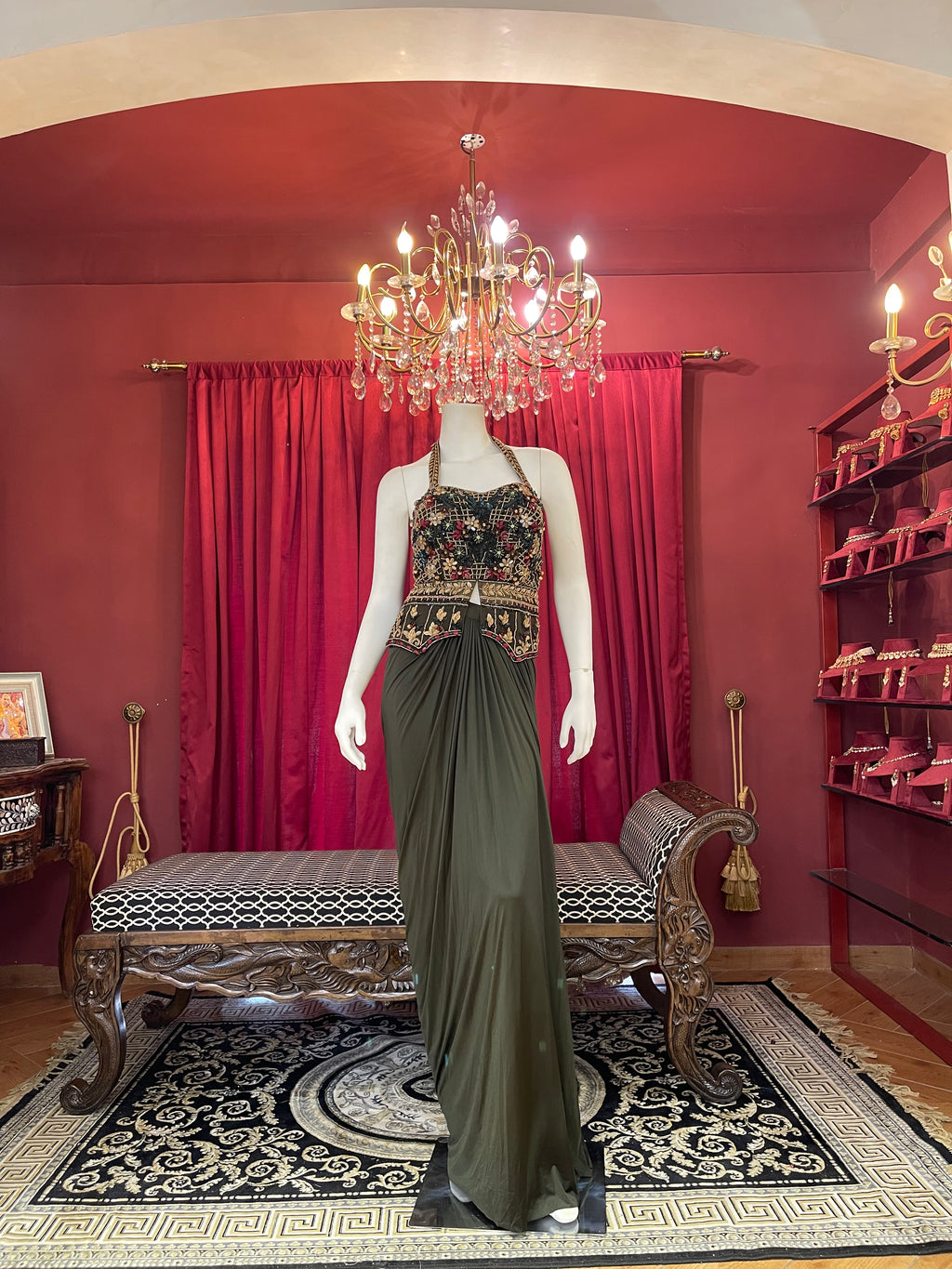 Olive Green Pre-Draped Skirt Set with Hand-Embroidered Halter Blouse