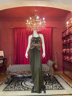 Olive Green Pre-Draped Skirt Set with Hand-Embroidered Halter Blouse