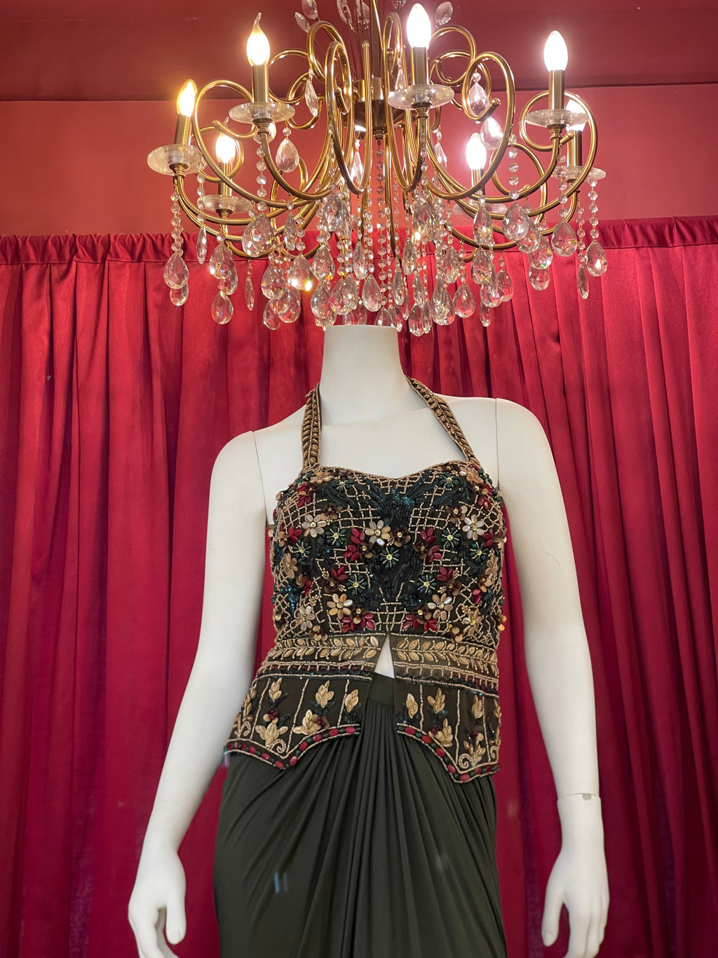 Olive Green Pre-Draped Skirt Set with Hand-Embroidered Halter Blouse