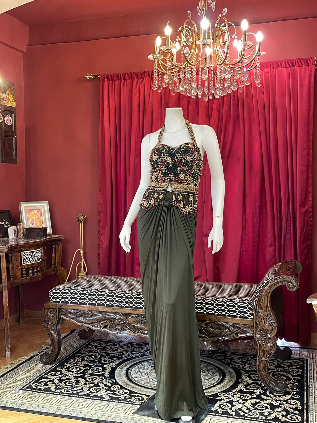 Olive Green Pre-Draped Skirt Set with Hand-Embroidered Halter Blouse