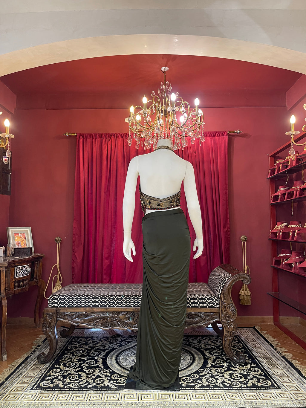 Olive Green Pre-Draped Skirt Set with Hand-Embroidered Halter Blouse