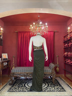 Olive Green Pre-Draped Skirt Set with Hand-Embroidered Halter Blouse