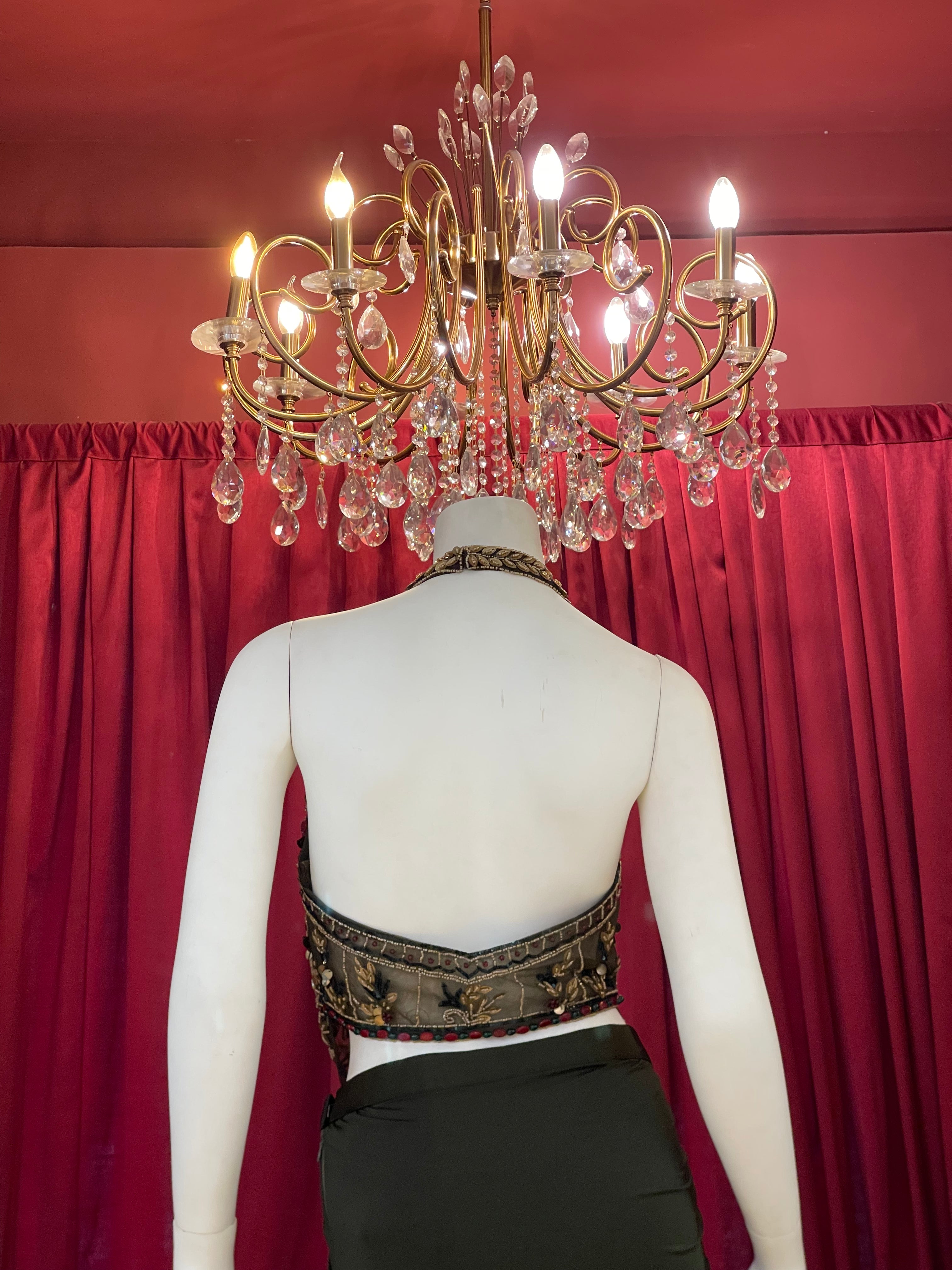 Olive Green Pre-Draped Skirt Set with Hand-Embroidered Halter Blouse