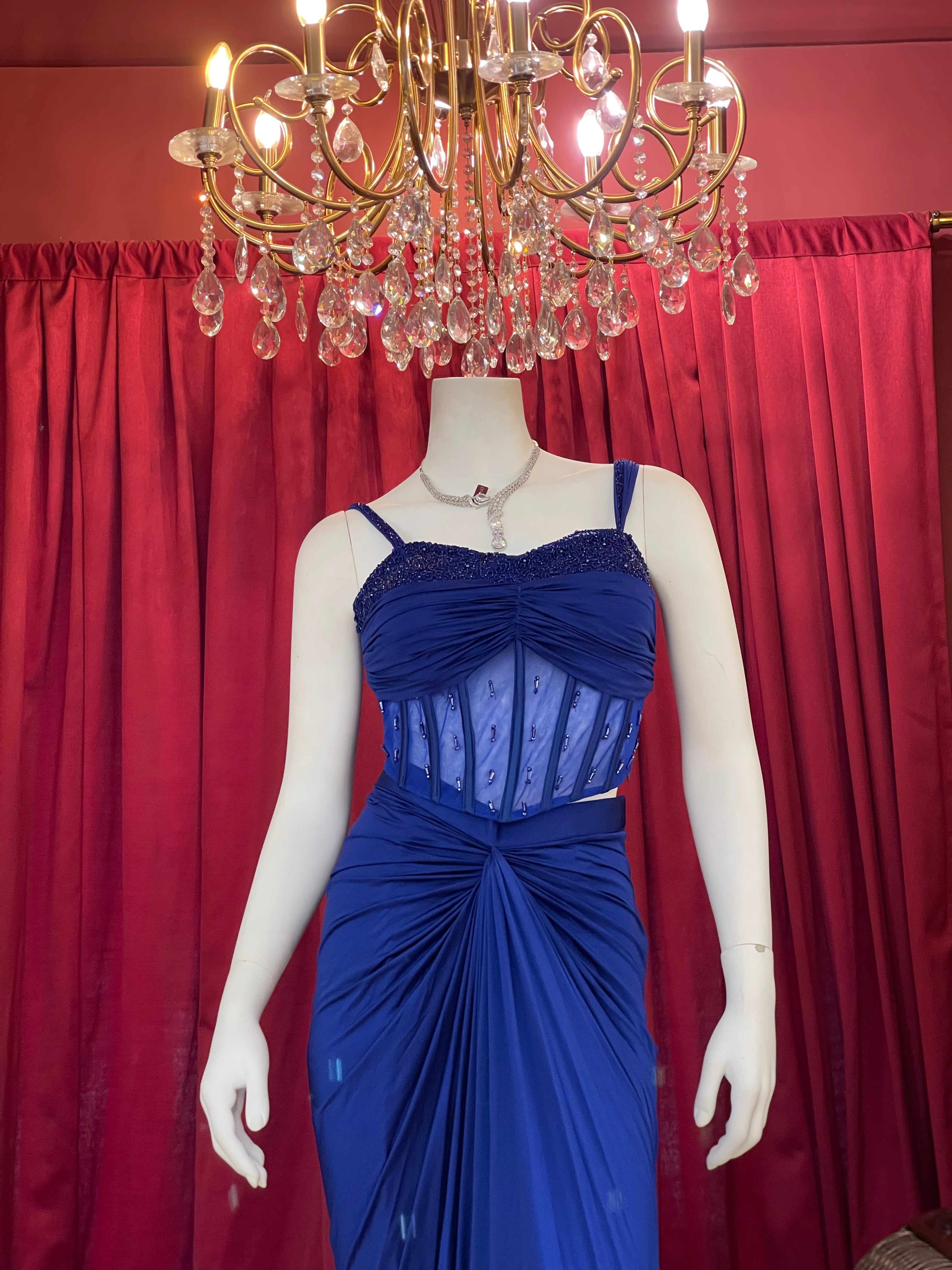 Royal Blue Pre-Draped Skirt Set with Hand-Beaded Corset Blouse & Pallu Drape