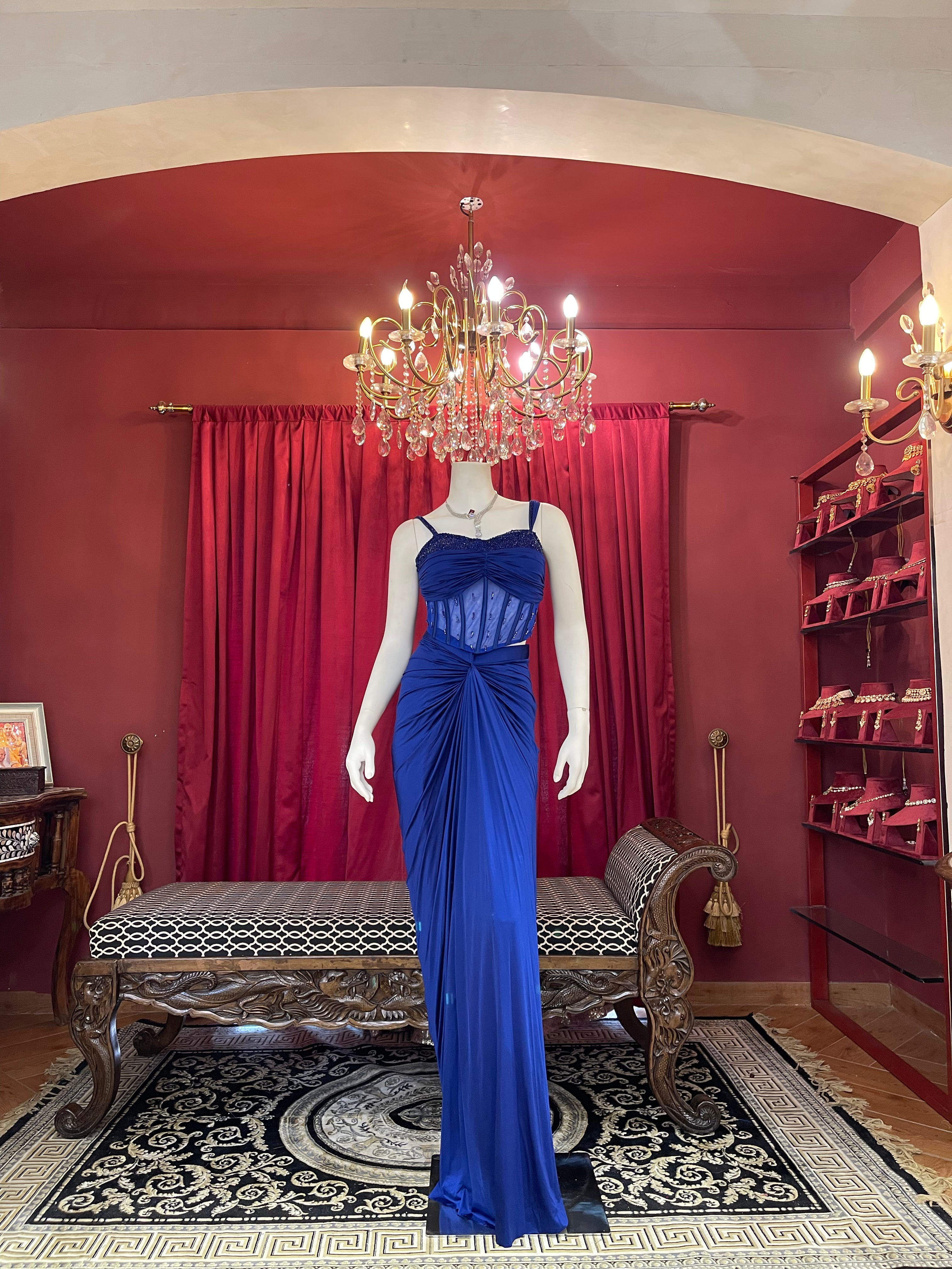 Royal Blue Pre-Draped Skirt Set with Hand-Beaded Corset Blouse & Pallu Drape