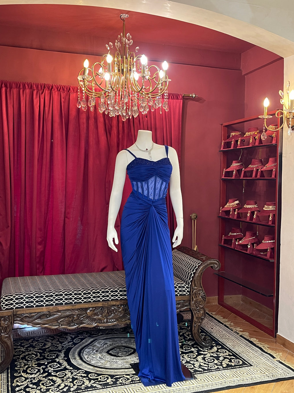 Royal Blue Pre-Draped Skirt Set with Hand-Beaded Corset Blouse & Pallu Drape