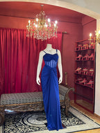 Royal Blue Pre-Draped Skirt Set with Hand-Beaded Corset Blouse & Pallu Drape