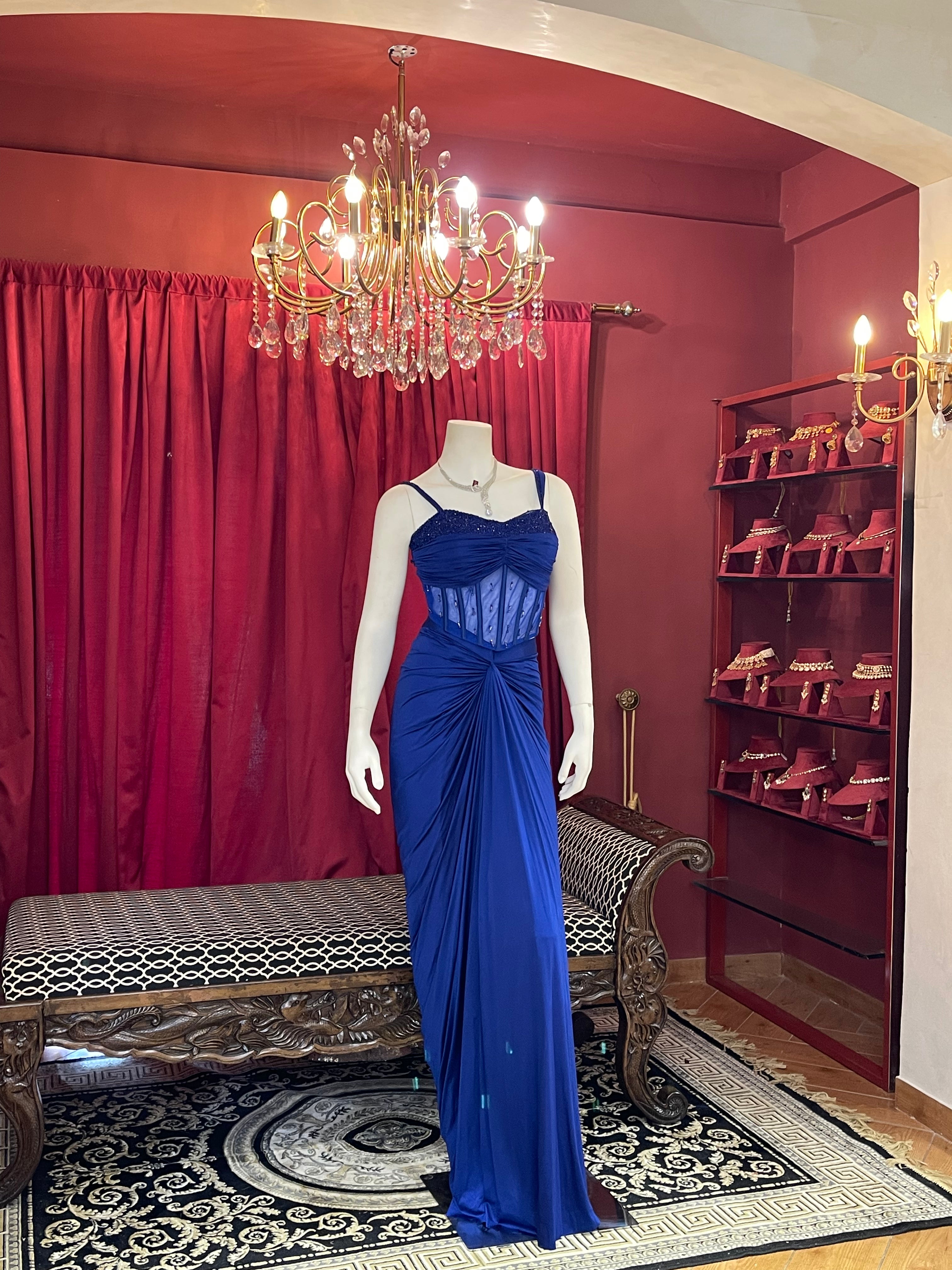 Royal Blue Pre-Draped Skirt Set with Hand-Beaded Corset Blouse & Pallu Drape