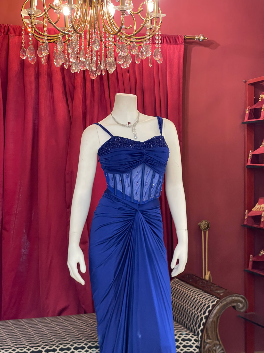 Royal Blue Pre-Draped Skirt Set with Hand-Beaded Corset Blouse & Pallu Drape