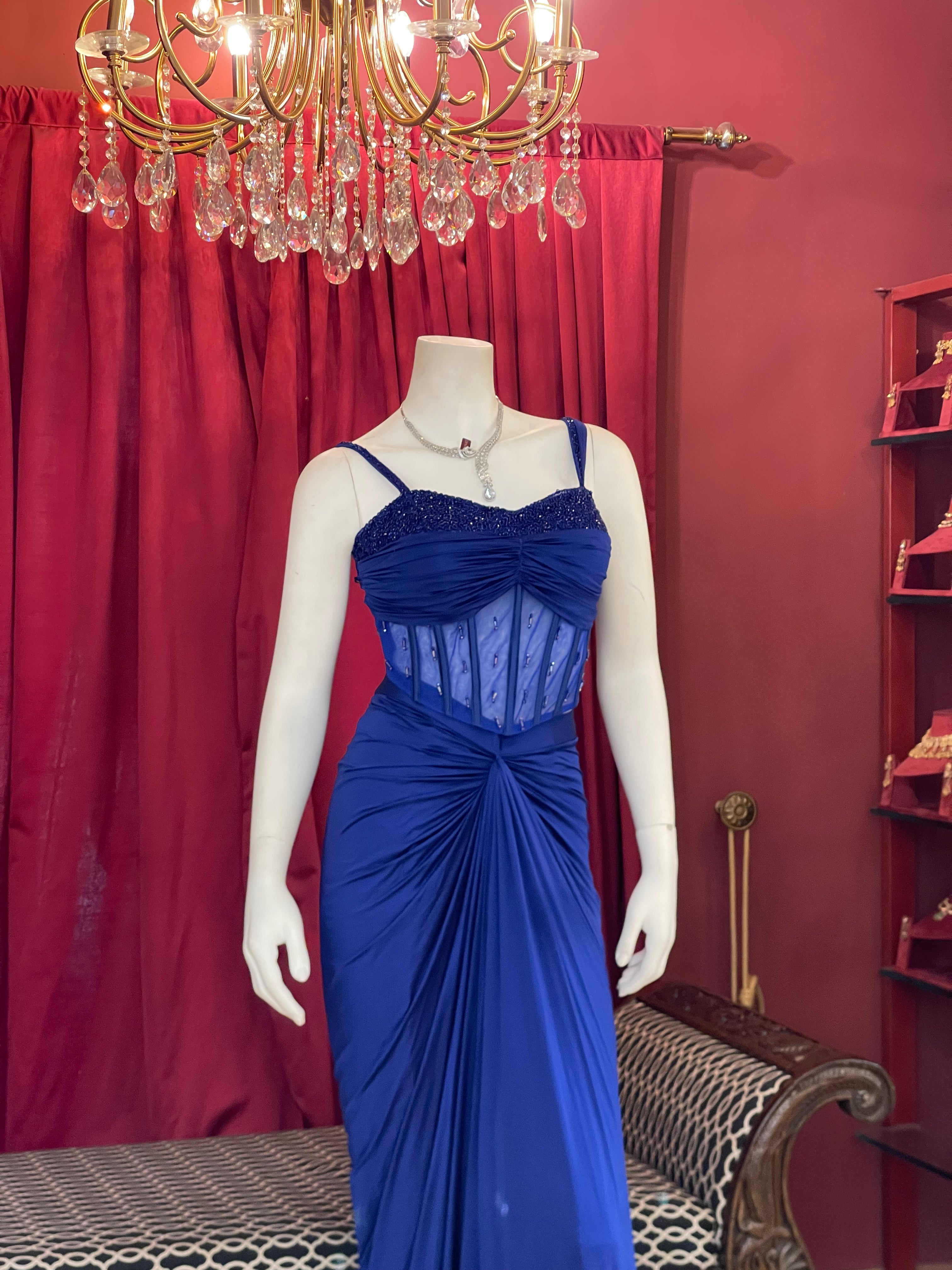 Royal Blue Pre-Draped Skirt Set with Hand-Beaded Corset Blouse & Pallu Drape