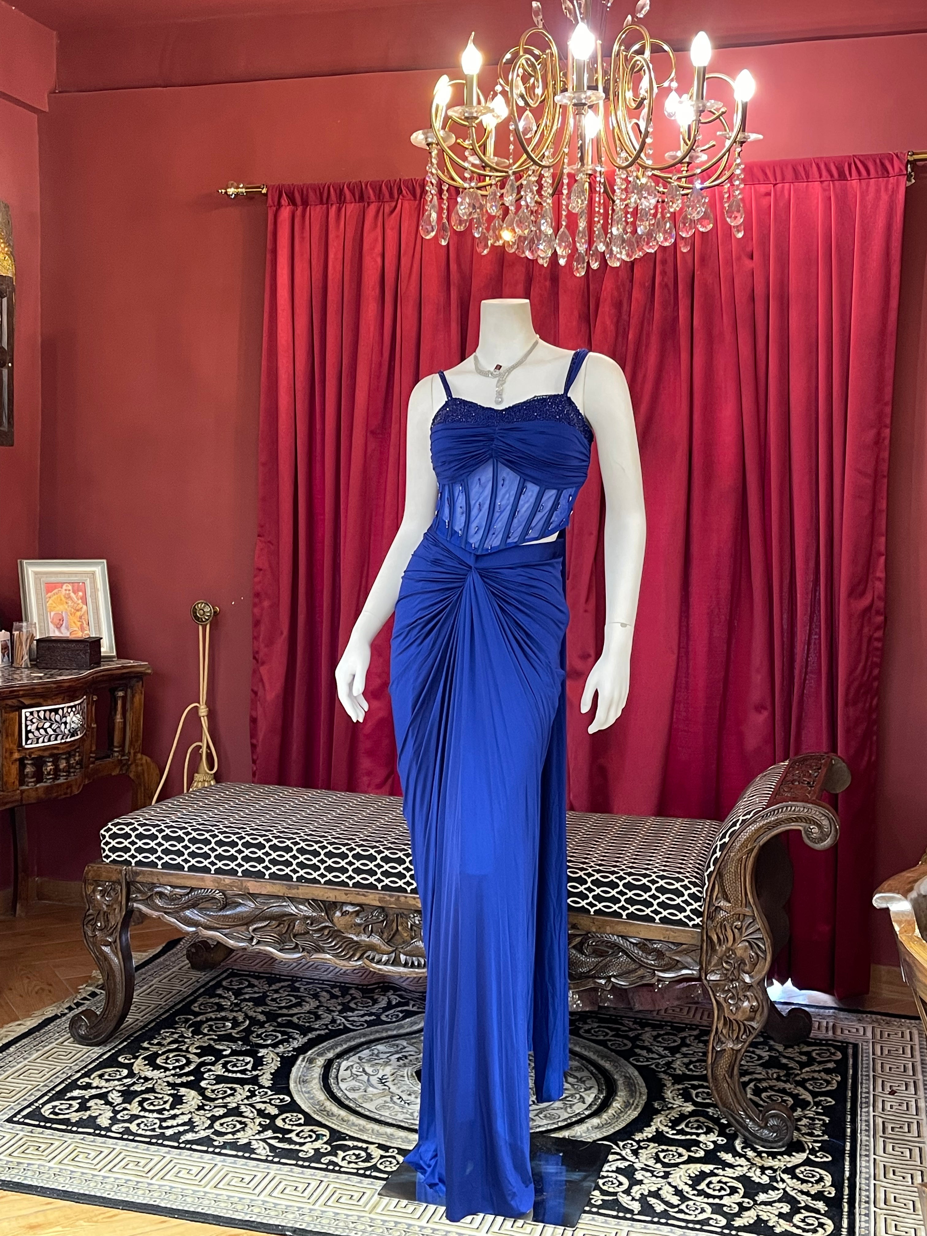Royal Blue Pre-Draped Skirt Set with Hand-Beaded Corset Blouse & Pallu Drape