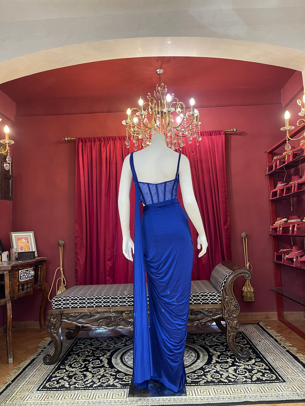 Royal Blue Pre-Draped Skirt Set with Hand-Beaded Corset Blouse & Pallu Drape