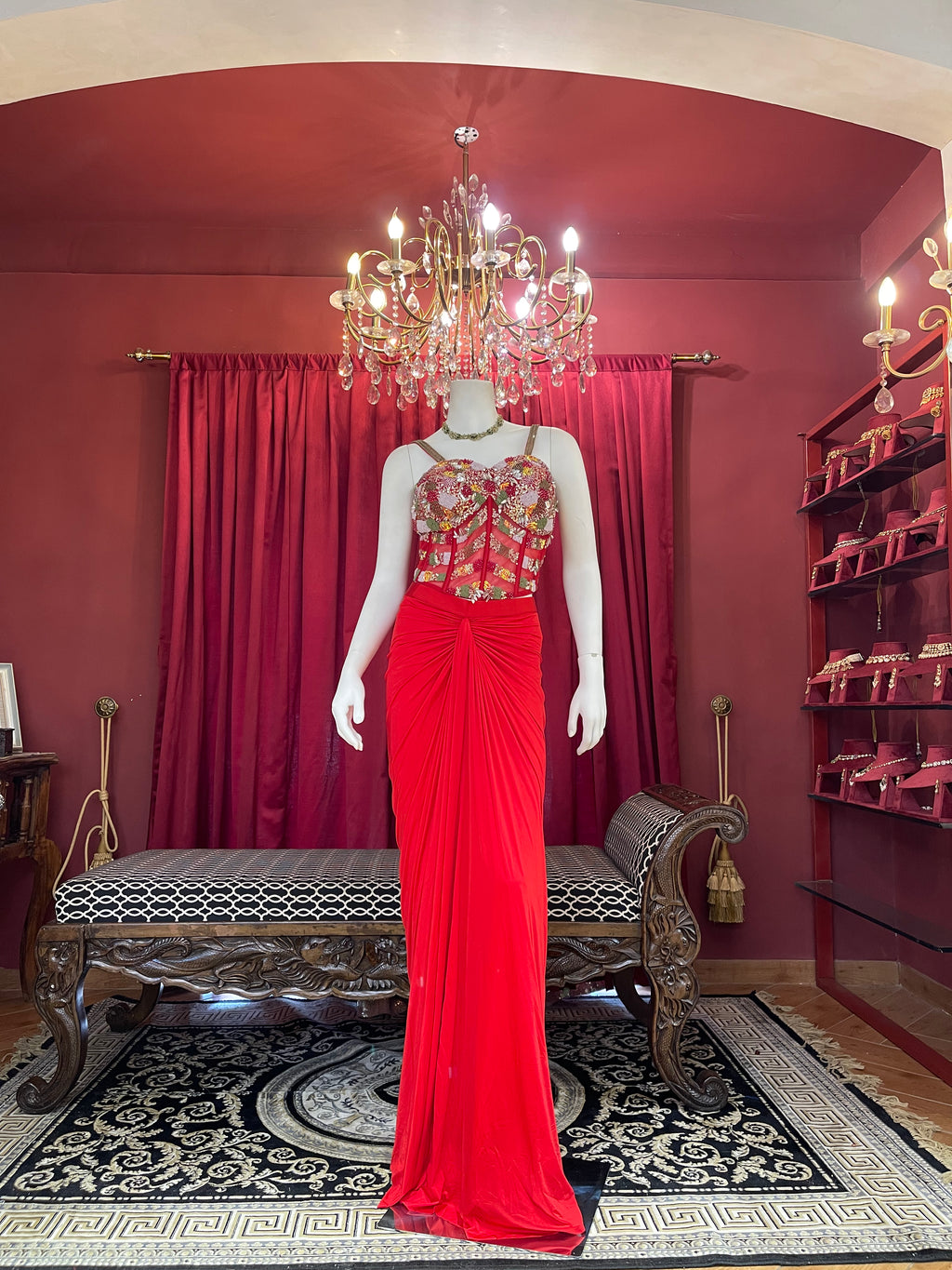 Crimson Red Draped Indo-Western Set with Heavily Embellished Sheer Corset Top