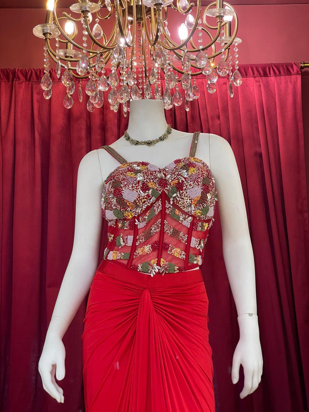 Crimson Red Draped Indo-Western Set with Heavily Embellished Sheer Corset Top