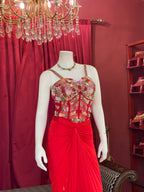 Crimson Red Draped Indo-Western Set with Heavily Embellished Sheer Corset Top