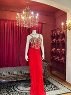 Crimson Red Draped Indo-Western Set with Heavily Embellished Sheer Corset Top