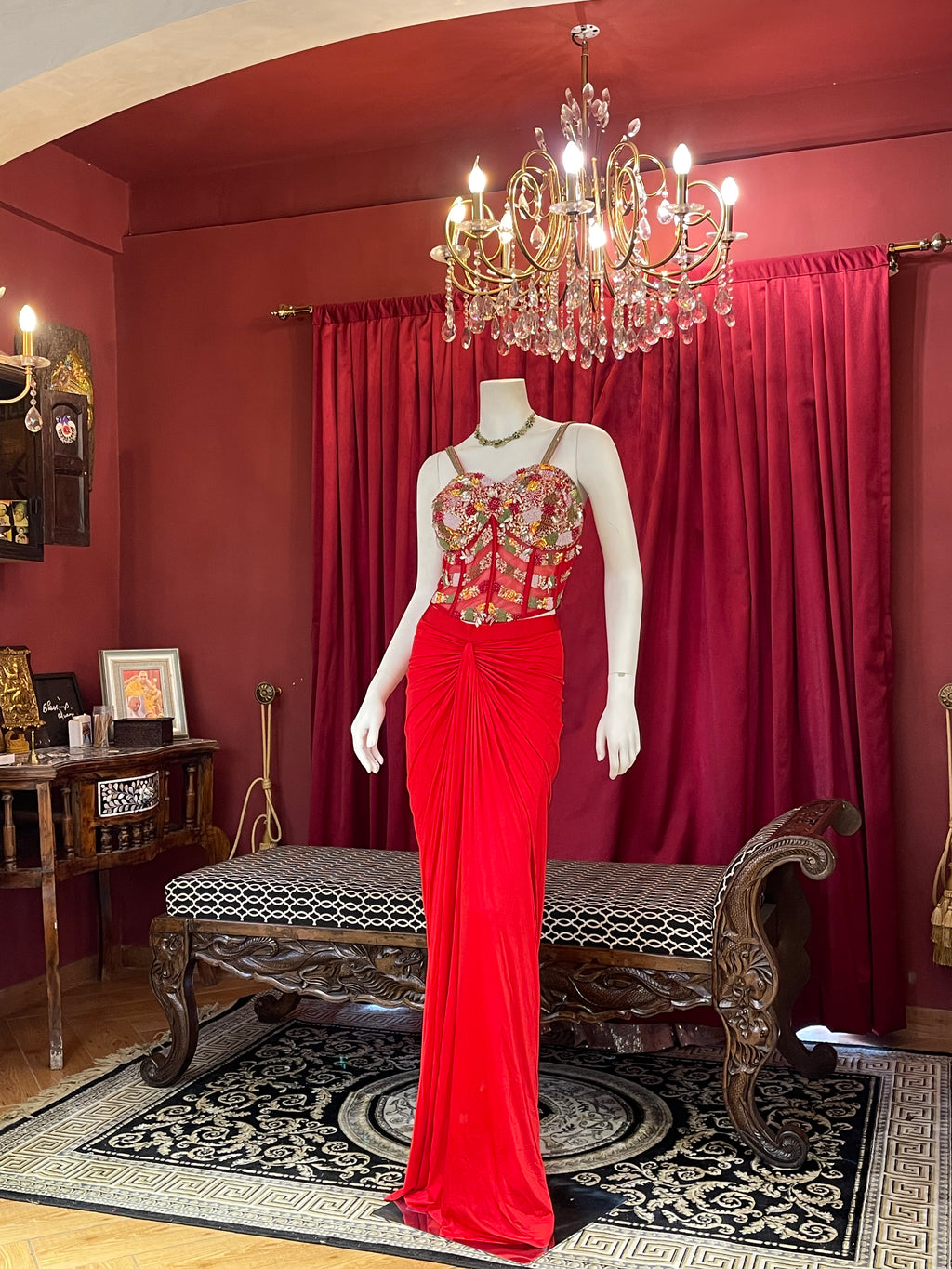 Crimson Red Draped Indo-Western Set with Heavily Embellished Sheer Corset Top