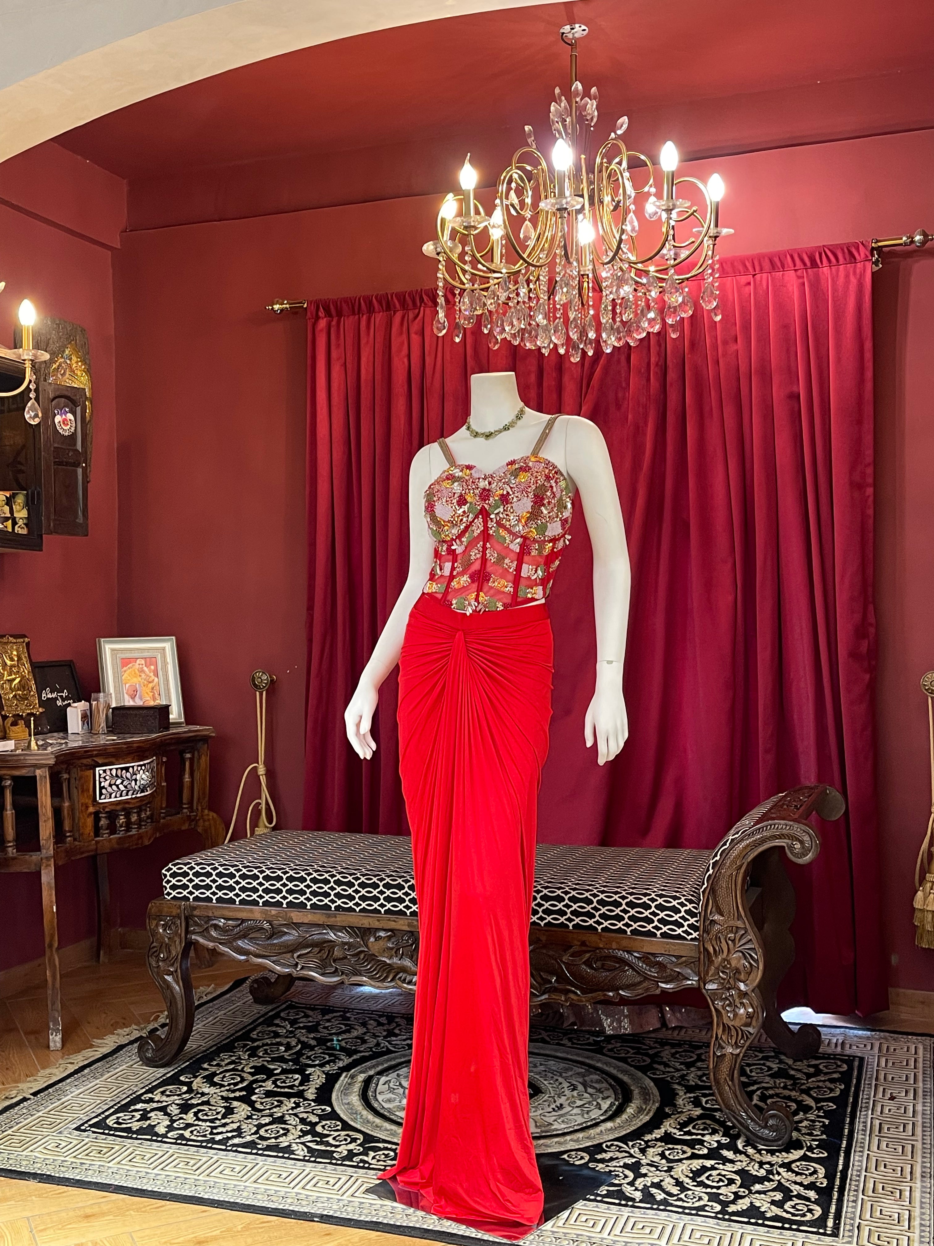 Crimson Red Draped Indo-Western Set with Heavily Embellished Sheer Corset Top