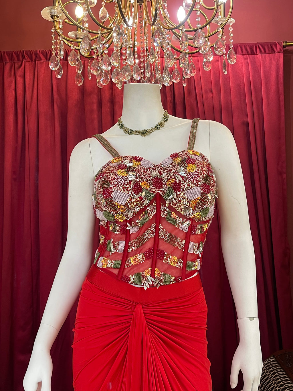 Crimson Red Draped Indo-Western Set with Heavily Embellished Sheer Corset Top