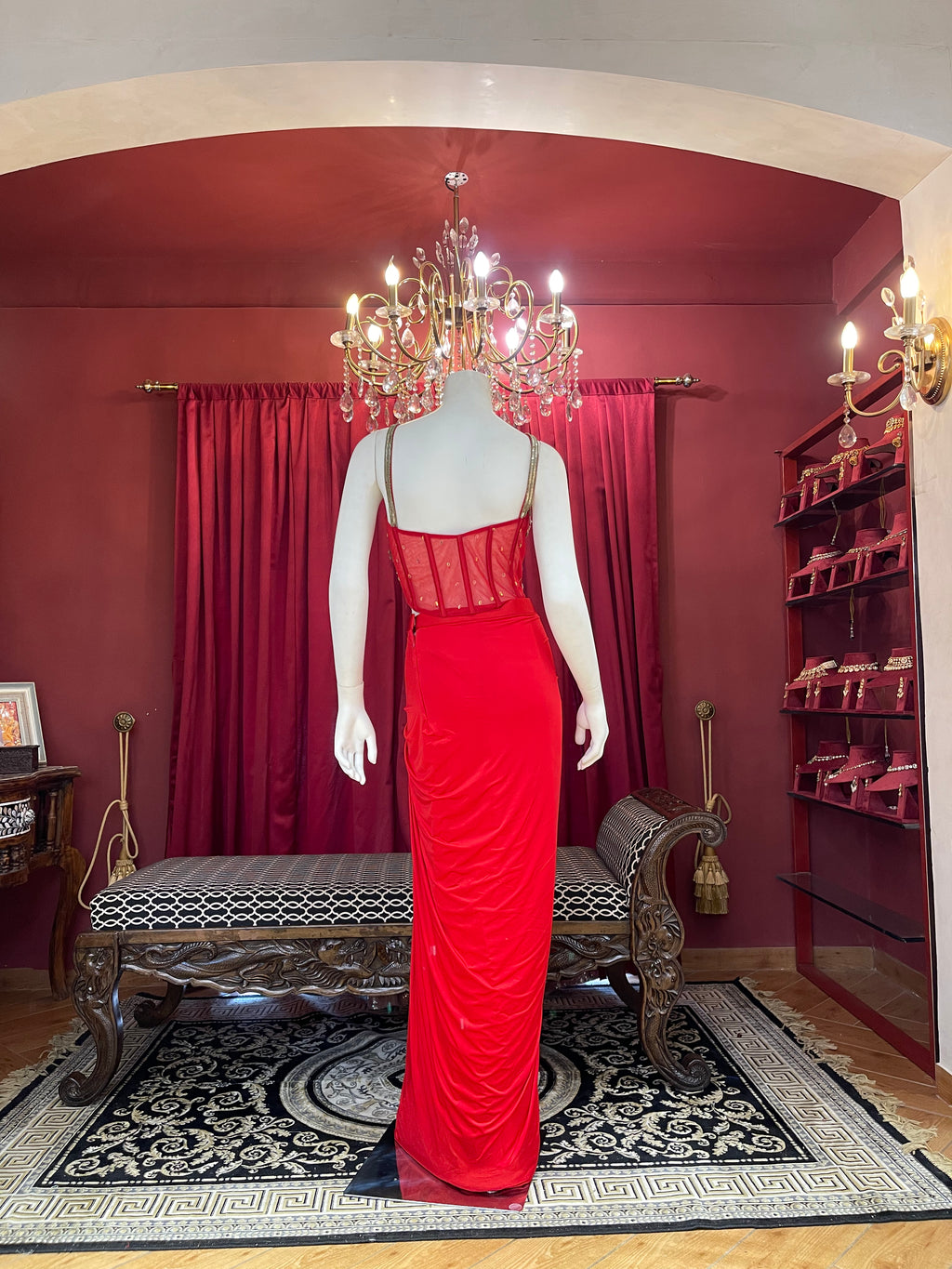 Crimson Red Draped Indo-Western Set with Heavily Embellished Sheer Corset Top