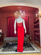 Crimson Red Draped Indo-Western Set with Heavily Embellished Sheer Corset Top