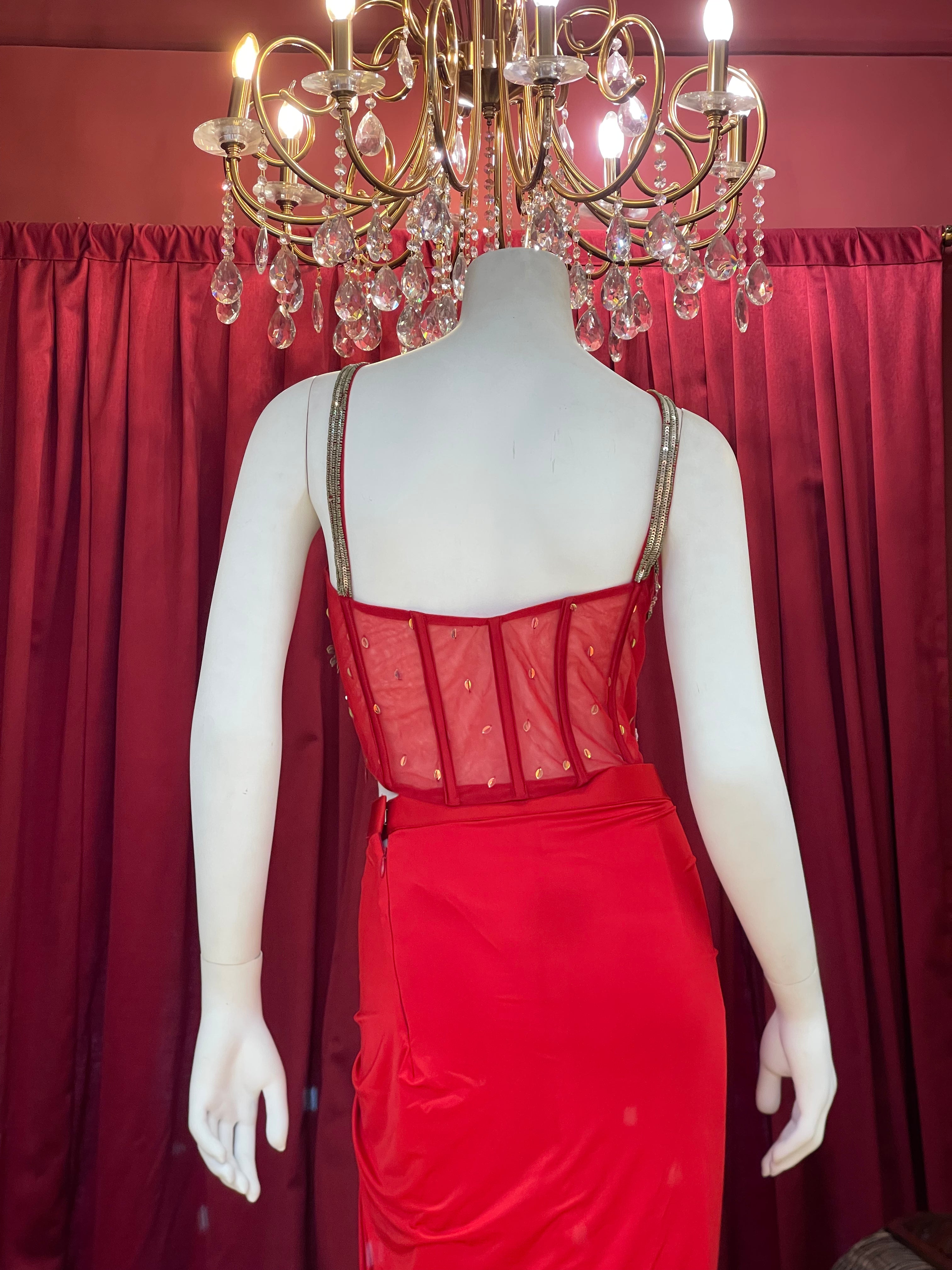 Crimson Red Draped Indo-Western Set with Heavily Embellished Sheer Corset Top