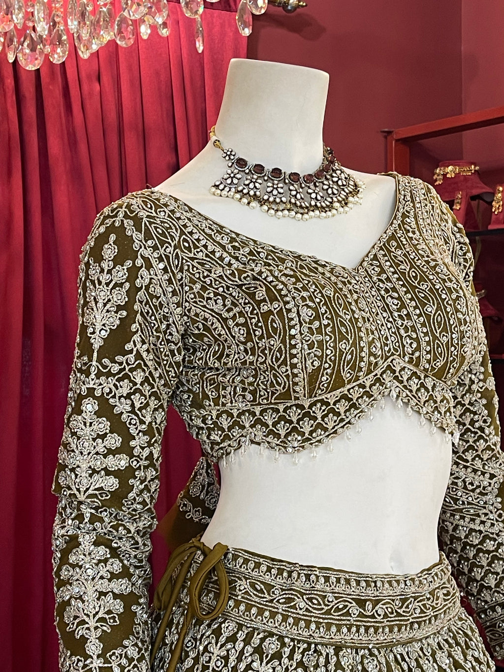 Olive Green Sequined Chikankari & Threadwork Lehenga Set with Full Sleeve Blouse