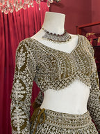 Olive Green Sequined Chikankari & Threadwork Lehenga Set with Full Sleeve Blouse