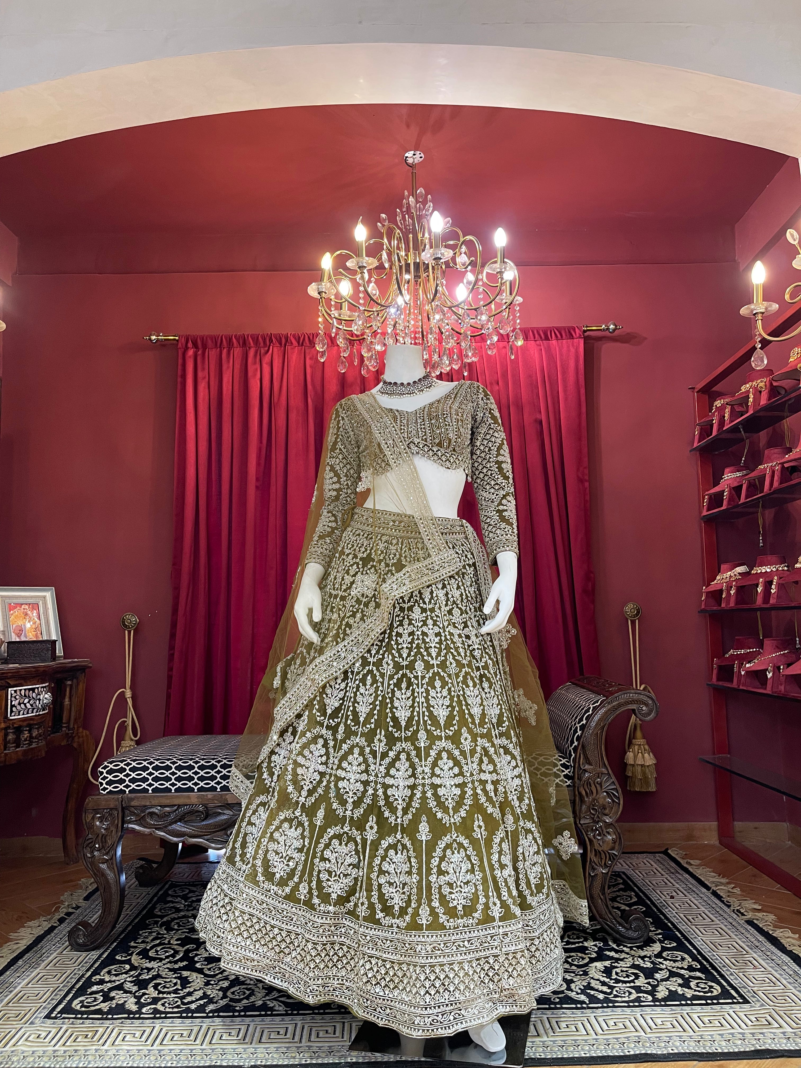 Olive Green Sequined Chikankari & Threadwork Lehenga Set with Full Sleeve Blouse