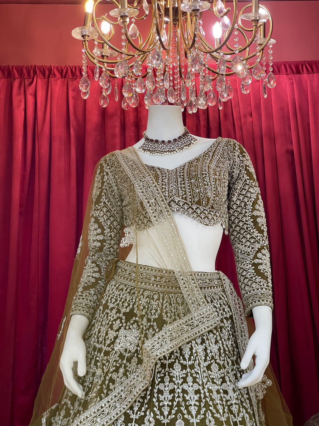 Olive Green Sequined Chikankari & Threadwork Lehenga Set with Full Sleeve Blouse