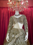 Olive Green Sequined Chikankari & Threadwork Lehenga Set with Full Sleeve Blouse