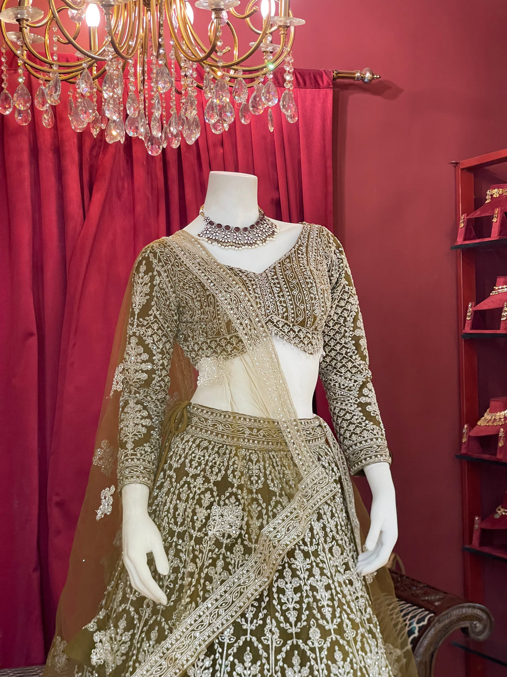 Olive Green Sequined Chikankari & Threadwork Lehenga Set with Full Sleeve Blouse