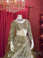 Olive Green Sequined Chikankari & Threadwork Lehenga Set with Full Sleeve Blouse