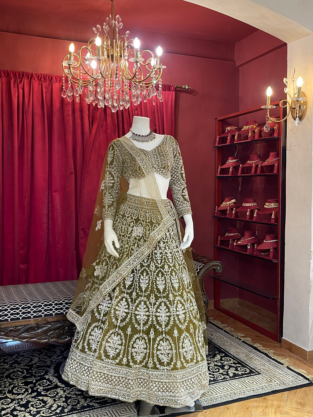 Olive Green Sequined Chikankari & Threadwork Lehenga Set with Full Sleeve Blouse