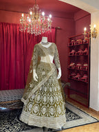 Olive Green Sequined Chikankari & Threadwork Lehenga Set with Full Sleeve Blouse