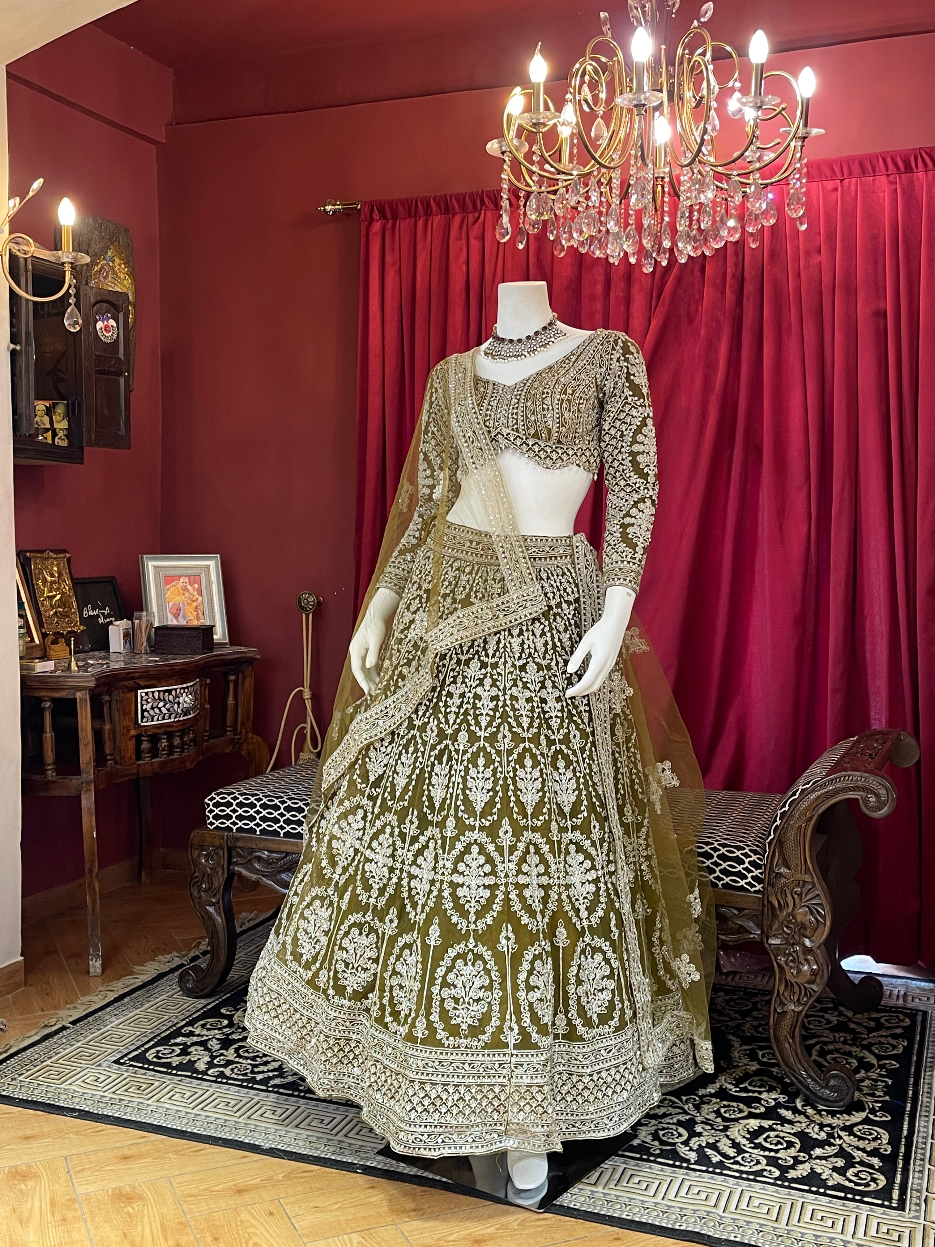 Olive Green Sequined Chikankari & Threadwork Lehenga Set with Full Sleeve Blouse
