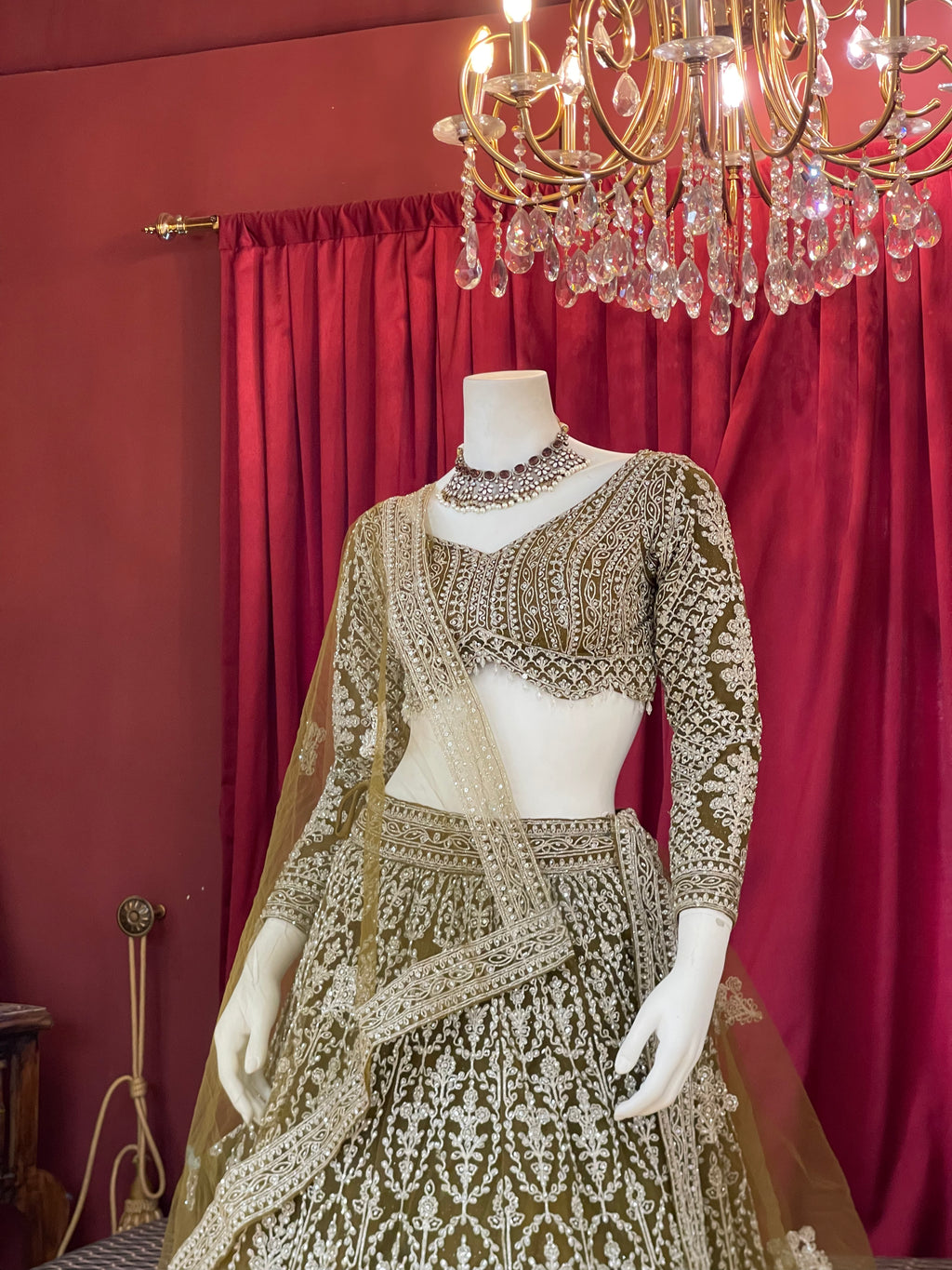 Olive Green Sequined Chikankari & Threadwork Lehenga Set with Full Sleeve Blouse