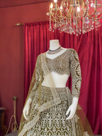 Olive Green Sequined Chikankari & Threadwork Lehenga Set with Full Sleeve Blouse